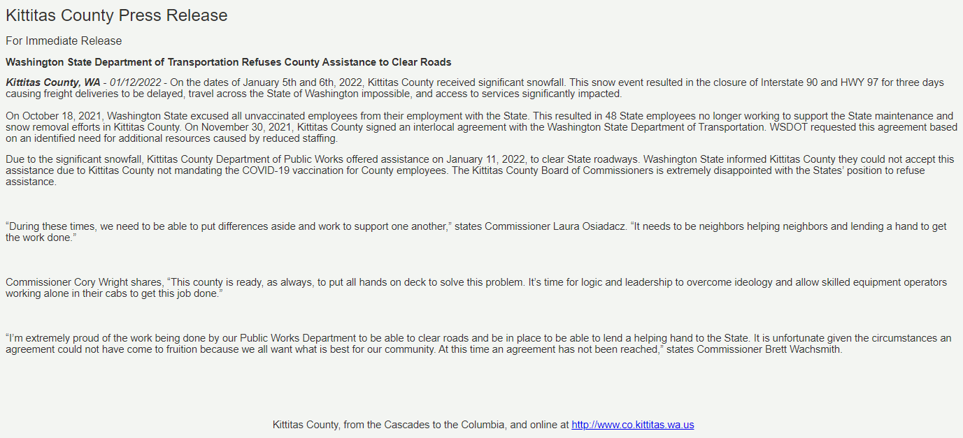 Kittitas County WSDOT denial press release
